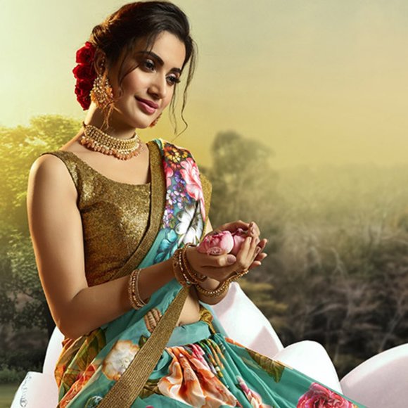 Clothes that matters. Multi Organza Printed With Sequence Lehenga Choli - Picture 1 of 2